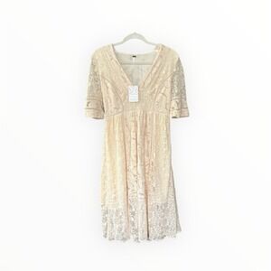 $168 Free People Mountain Laurel Lace Crochet Dress Almond Beige‎ Ivory 4 S NWT